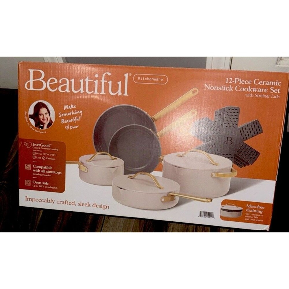 12pc Ceramic Non-Stick Cookware Set, White Icing by Drew Barrymore Brand New